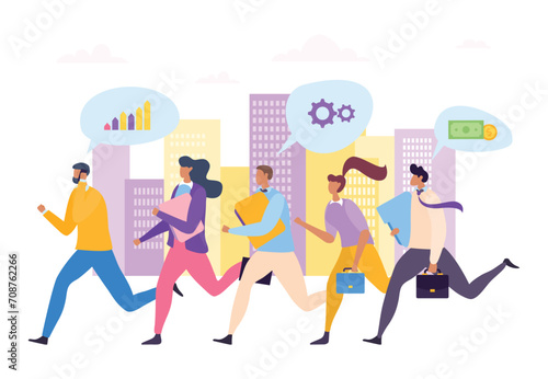 Businessmen running success leadership teamwork vector illustration. Professionals build career demonstrating competency. People seek toward their goal  pondering prosperity solution task.