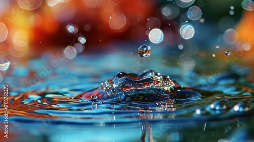  a close up of a drop of water on the surface of a body of water with a blurry background of orange, blue, green, and red colors.