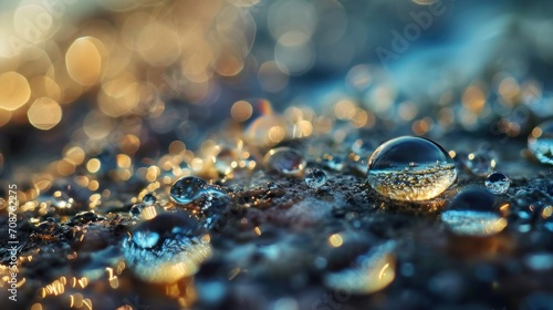  a close up of a drop of water on a surface with a boke of light reflecting off the droplet of water on the droplet of the droplet.