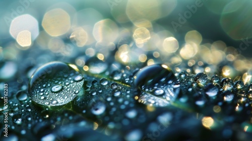  a group of water droplets sitting on top of a green leaf covered in drops of dew on a green leaf covered in drops of water on a green leafy surface. photo
