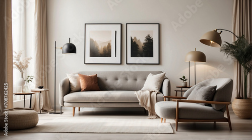 Sala de estar moderna estilo Noruego. Sillón gris cerca de un sofá de dos plazas beige contra una pared blanca con marcos de carteles. photo