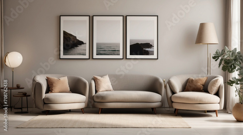 Sala de estar moderna estilo Noruego. Sillón gris cerca de un sofá de dos plazas beige contra una pared blanca con marcos de carteles. photo