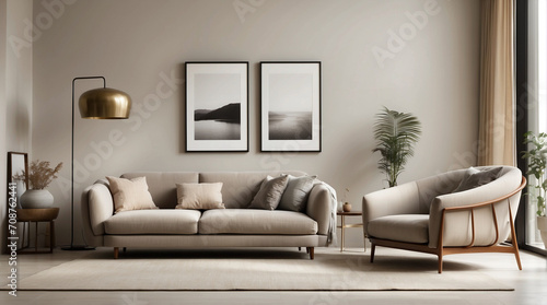 Sala de estar moderna estilo Noruego. Sillón gris cerca de un sofá de dos plazas beige contra una pared blanca con marcos de carteles. © LuisC