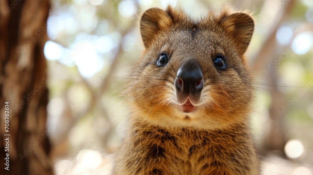 Naklejka premium a close up of a small animal with a surprised look on it's face and a blurry background of trees in the back ground and a blurry background.
