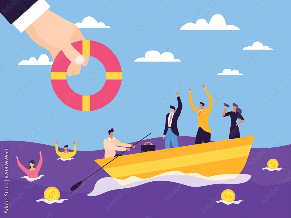 Crisis help business support vector Illustration. Financial sponsorship and advice to entrepreneurs in sea water, bankruptcy insurance. Hand hold out lifebuoy to people drowning in ocean.