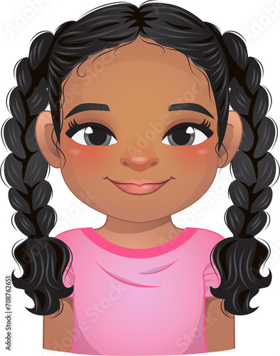 American African little girl face, avatar, kid head with pigtail hair cartoon PNG photo