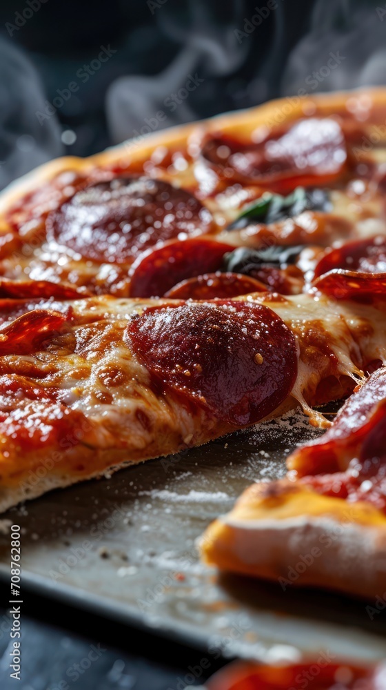 Juicy Italian pizza with pepperoni cheese and spices straight from the oven. Food Photography. Close up Juicy Italian pizza with pepperoni cheese and spices straight from the oven. Food Photography. Close up
