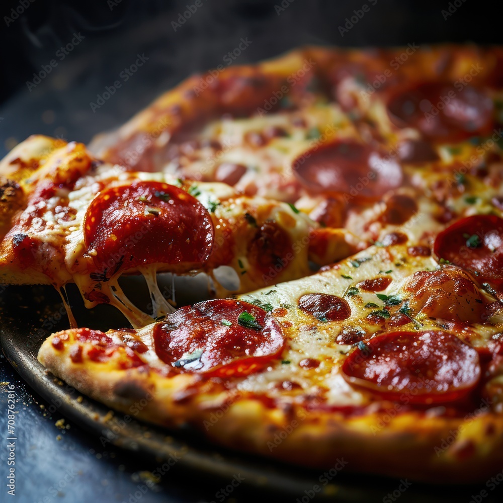 Juicy Italian pizza with pepperoni cheese and spices straight from the oven. Food Photography. Close up Juicy Italian pizza with pepperoni cheese and spices straight from the oven. Food Photography. Close up
