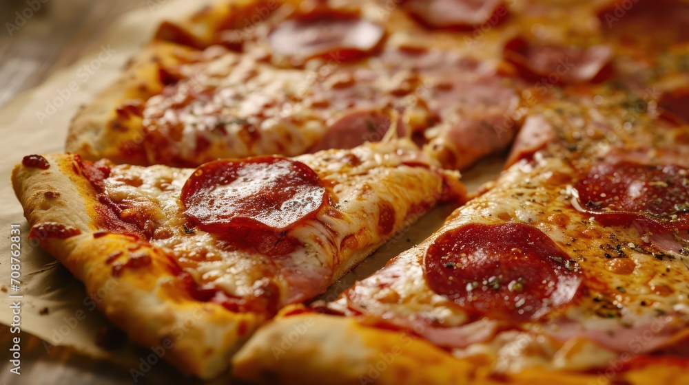 Juicy Italian pizza with pepperoni cheese and spices straight from the oven. Food Photography. Close up Juicy Italian pizza with pepperoni cheese and spices straight from the oven. Food Photography. Close up