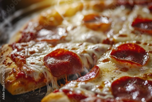 Juicy Italian pizza with pepperoni cheese and spices straight from the oven. Food Photography. Close up photo