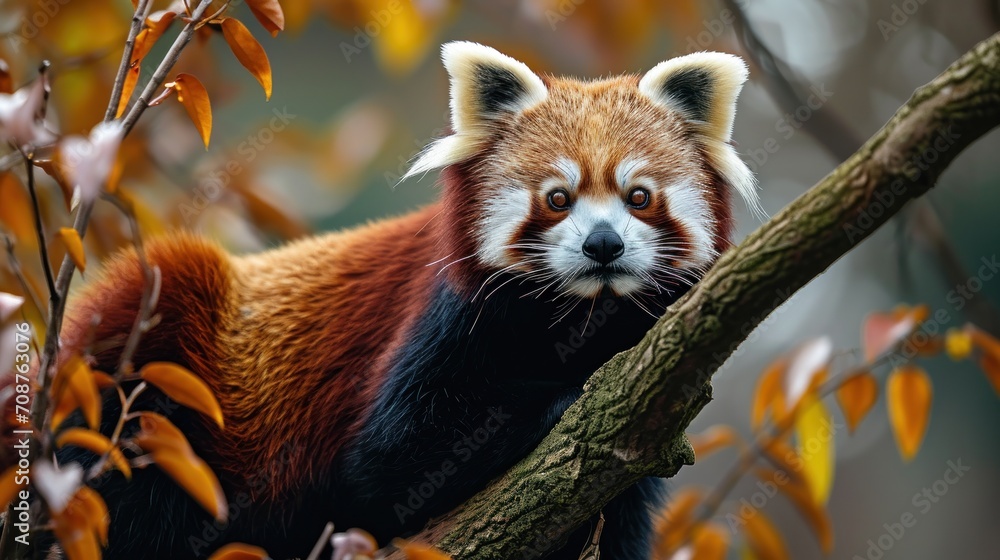 Fototapeta premium a close up of a red panda on a tree branch with leaves in the foreground and a blurry background of leaves in the foreground, with a blurry background.