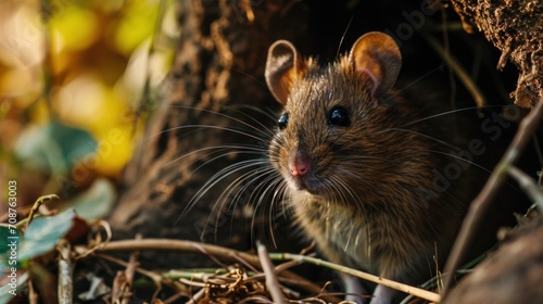  a close up of a rodent in a tree looking out of a hole in the bark of a tree with green leaves on the ground and in the background.