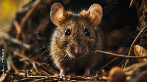  a close up of a mouse in a pile of dry grass with leaves in the foreground and a blurry background to the left of the mouse's face.