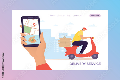 Delivery servise mobile landing vector Illustration. Order pizza at home through application on your smartphone or computer. Сourier character quickly carry boxes pepperoni on transport.