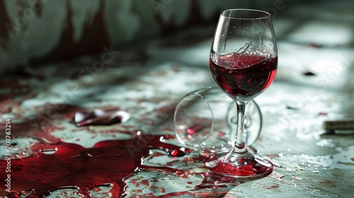  a glass of wine sitting on top of a table next to a knife and a blood spatula on top of a table with a knife and blood spatula on the floor.
