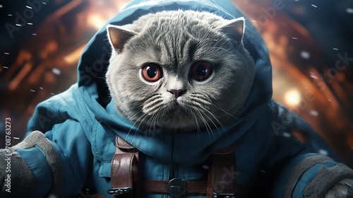 A cute cat wearing a blue spacesuit is sitting in a spaceship. photo