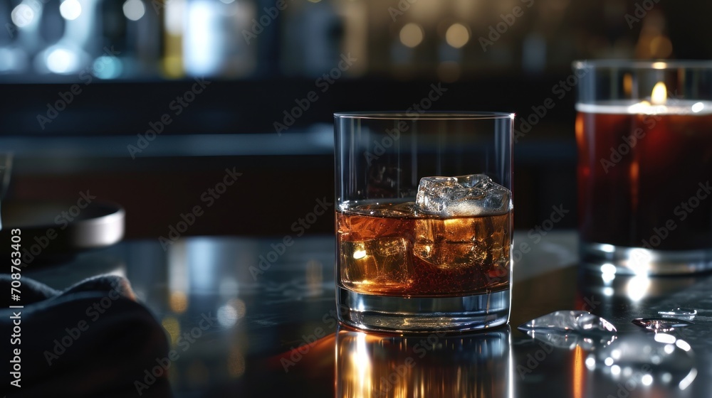 a glass filled with ice sitting on top of a table next to another glass filled with ice and a lit candle on top of a table next to another glass filled with ice. a glass filled with ice sitting on top of a table next to another glass filled with ice and a lit candle on top of a table next to another glass filled with ice.