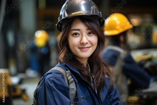 portrait of a young asian female engineer wearing a hardhat in a factory