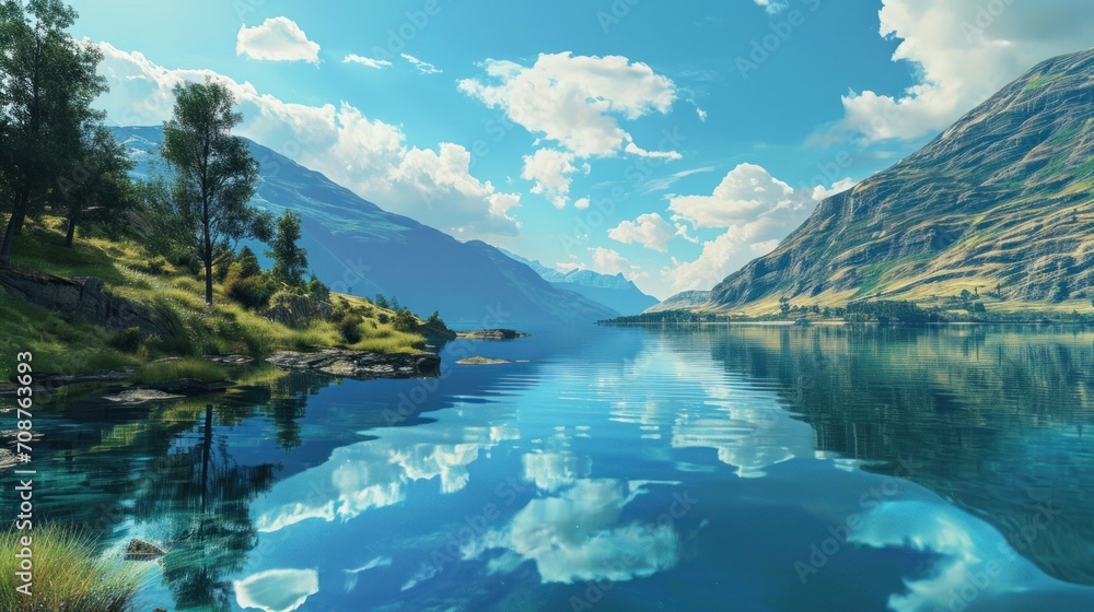  a painting of a lake with mountains in the background and a blue sky with clouds in the foreground and a few trees in the foreground, with a few clouds in the foreground.
