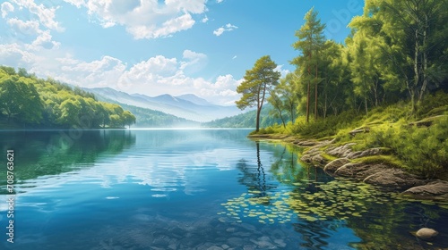  a painting of a lake with trees and mountains in the background and a blue sky with white clouds and a lone tree in the foreground with a small island in the foreground.