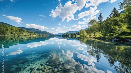  a body of water surrounded by lush green trees and a blue sky with white puffy clouds in the middle of the water and a mountain range in the distance.