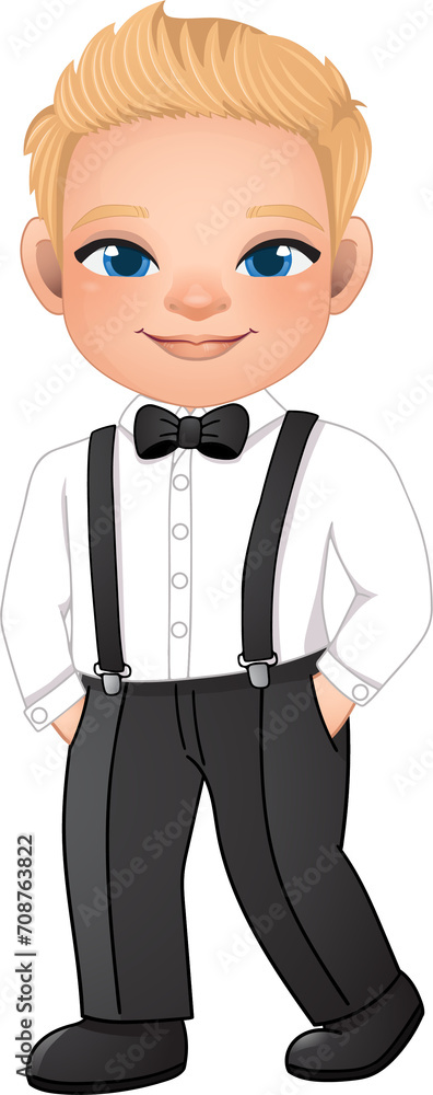 Marriage decoration design concept with young guy in a shirt and a bow tie. Groom or Page Boy put hand in his pant pocket cartoon Marriage decoration design concept with young guy in a shirt and a bow tie. Groom or Page Boy put hand in his pant pocket cartoon