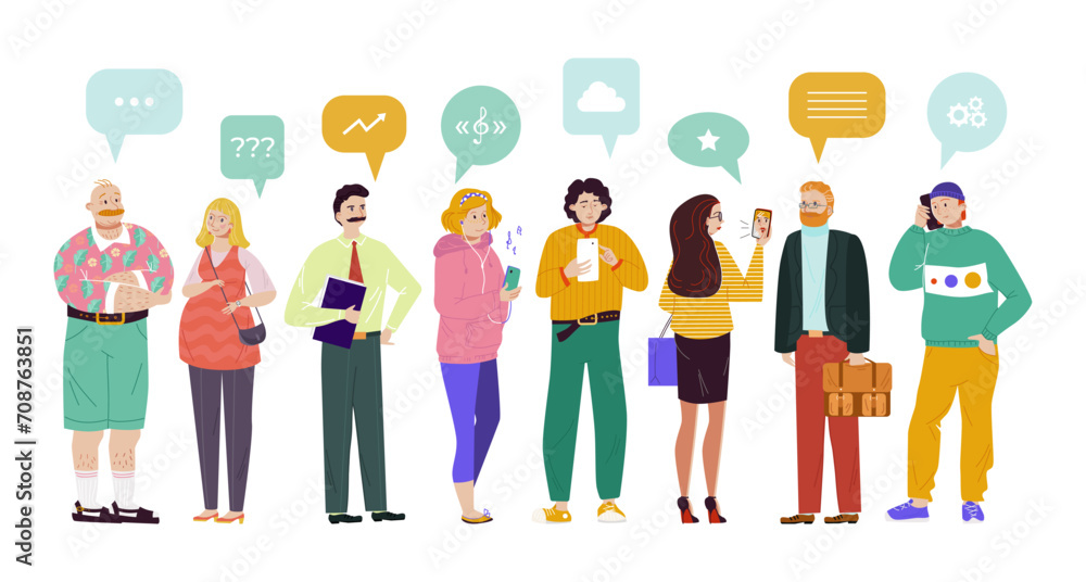Group people speech bubbles comunication vector Illustration. Chat participants ask questions, find music, discuss various topics, exchange tips. Woman and man get to know each other, have dialogue. - obrazy, fototapety, plakaty 