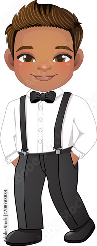 Marriage decoration design concept with American African young guy in a shirt and a bow tie. Groom or Page Boy put hand in his pant pocket cartoon
