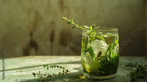  a close up of a glass of water with a plant sticking out of the top of the glass and a sprig of leaves sticking out of the water on the side of the glass.