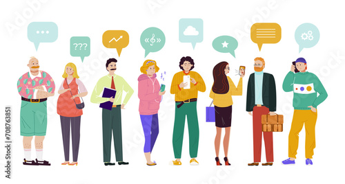 Group people speech bubbles comunication vector Illustration. Chat participants ask questions, find music, discuss various topics, exchange tips. Woman and man get to know each other, have dialogue. photo