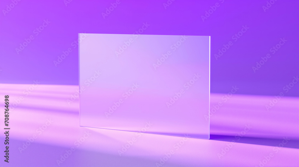 Transparent glass rectangle card mock up on purple background. Glassmorphism card concept.