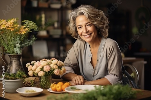 Portrait of a happy middle-aged woman sitting at a table with flowers and fruit