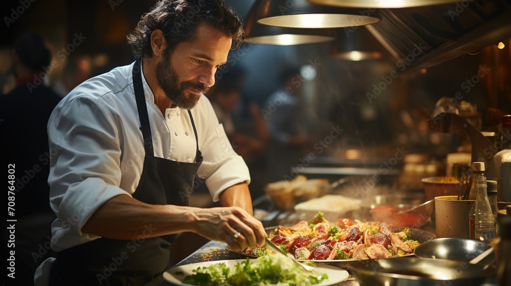 Focused chef plating food in a commercial kitchen Focused chef plating food in a commercial kitchen