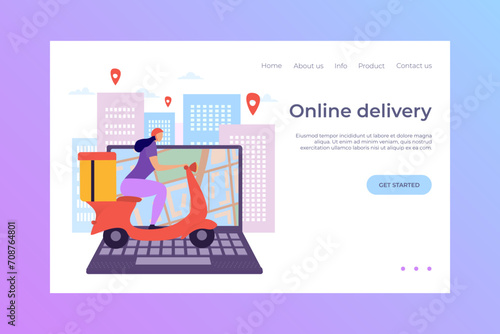 Online delivery laptop, landing vector illustration. E-commerce make shopping fast and convenient. Young people prefer purchase product by mail. Girl transporting goods ordered on internet.