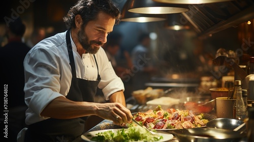 Focused chef plating food in a commercial kitchen