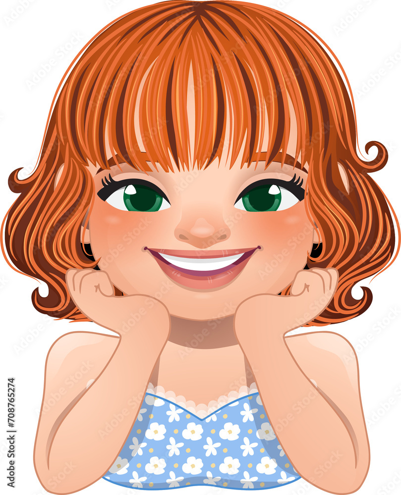 Smiling Girl Posing Hand Under Chin Wearing Spring Flower Shirt Cartoon Character PNG Smiling Girl Posing Hand Under Chin Wearing Spring Flower Shirt Cartoon Character PNG