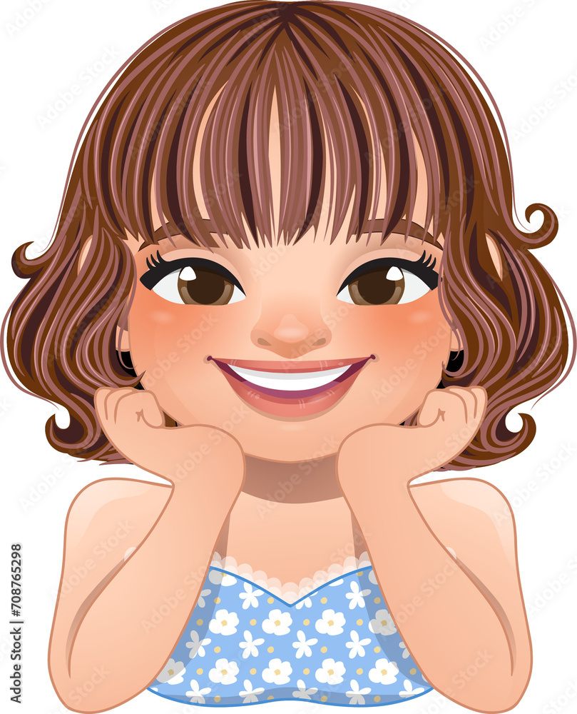 Smiling Girl Posing Hand Under Chin Wearing Spring Flower Shirt Cartoon Character PNG