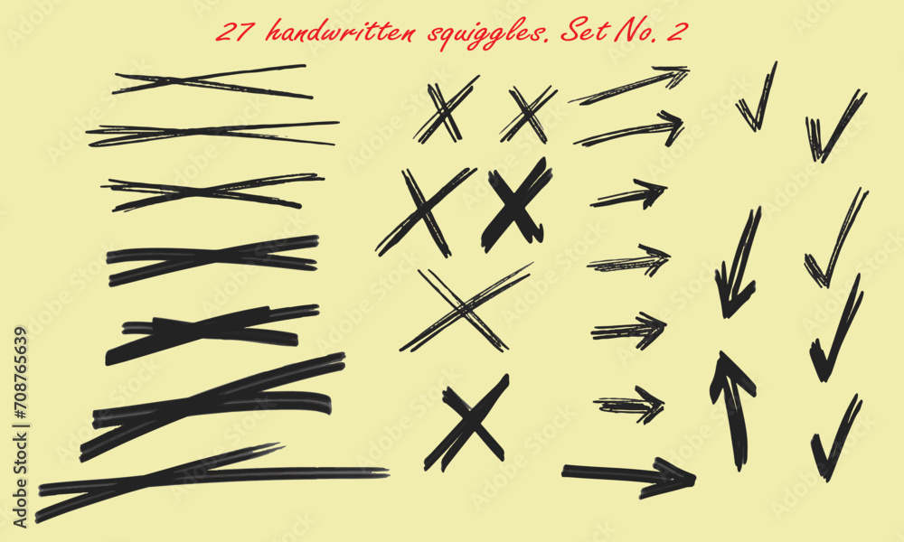 Twenty-seven handwritten squiggles. Various strikethroughs, crosses, arrows, V-shaped marks. Vector set No. 2 - obrazy, fototapety, plakaty 