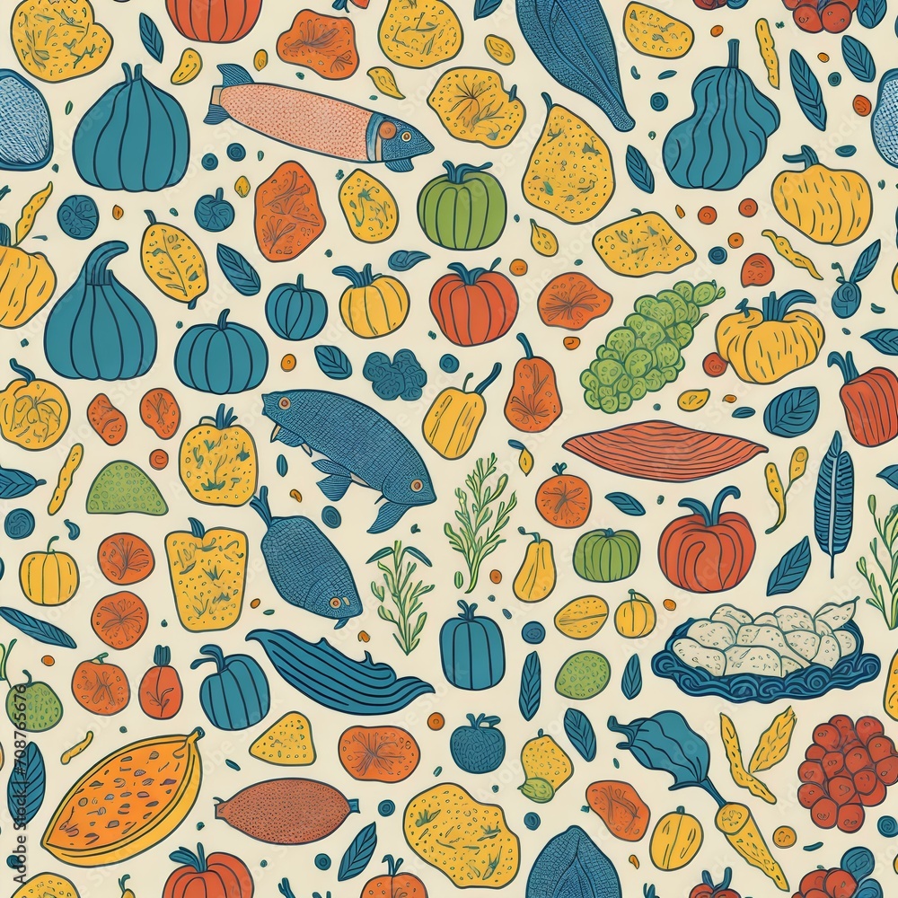 Infuse your project with farm-fresh vibes using our seamless pattern. Line icons bring to life the farmer's market bounty: fruits, vegetables, honey, eggs, meat, and fish Infuse your project with farm-fresh vibes using our seamless pattern. Line icons bring to life the farmer's market bounty: fruits, vegetables, honey, eggs, meat, and fish