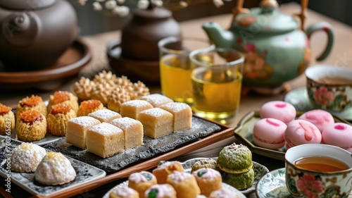 full frame variety of oriental sweets that reflect cultural ceremonies