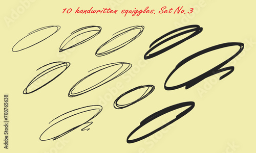 Ten handwritten squiggles. Various types of oval strokes. Vector set No. 3