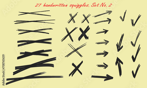 Twenty-seven handwritten squiggles. Various strikethroughs, crosses, arrows, V-shaped marks. Vector set No. 2