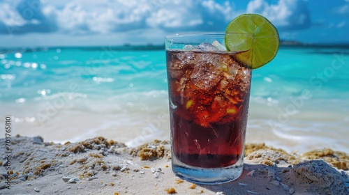Refreshing Drink With Lime Slice on a Beach
