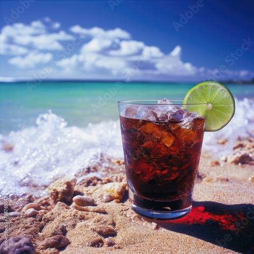 Glass of Soda on Sandy Beach