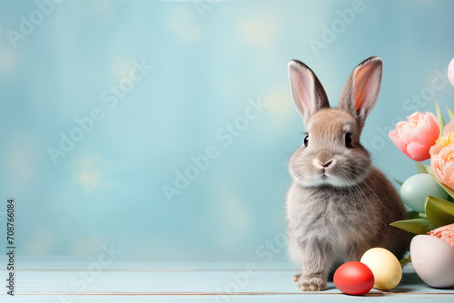 Adorable rabbit with colorful Easter eggs and fresh flowers on blue background wih copy space photo