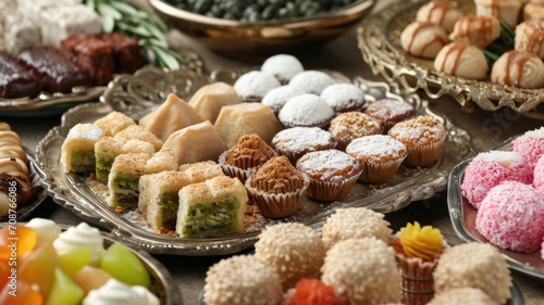 full frame variety of oriental sweets that reflect cultural ceremonies