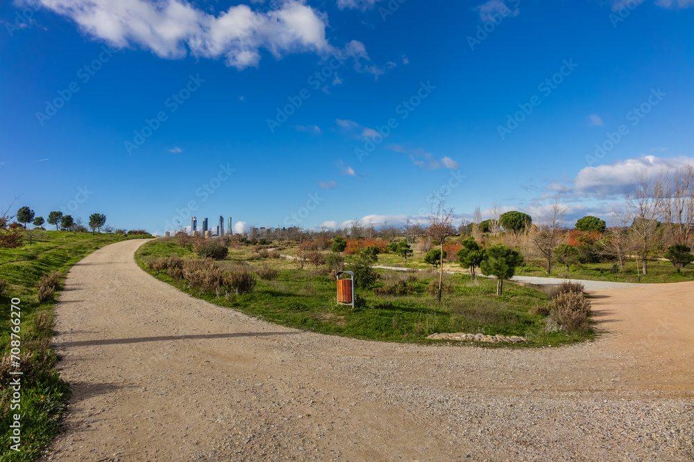 Landscape of Public Felipe VI Park or Valdebebas Forest Park - Madrid’s biggest urban park (340 hectares). Madrid, Spain. Landscape of Public Felipe VI Park or Valdebebas Forest Park - Madrid’s biggest urban park (340 hectares). Madrid, Spain.