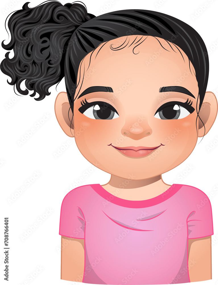 Little girl face, avatar, kid head with long curly hair and bun hairstyle or side tie hairstyle cartoon PNG