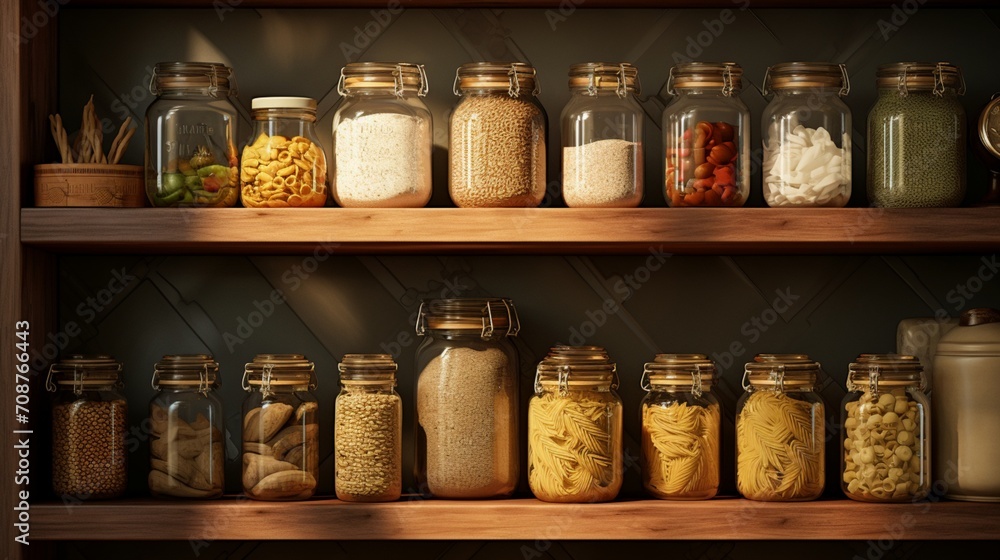 A kitchen shelf with 3D-rendered jars containing pasta, rice, and other pantry staples.