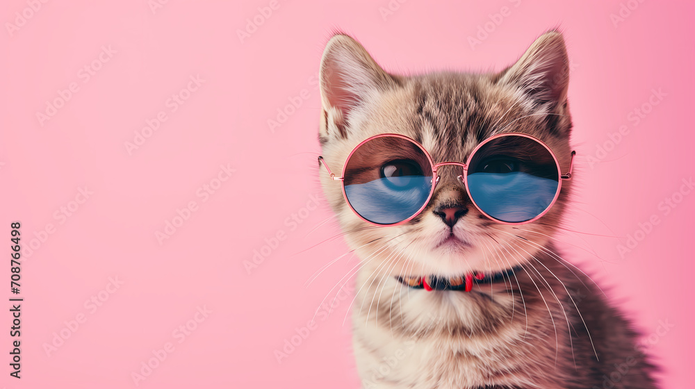 xotic Shorthair cat kitten in sunglass shade glasses isolated on solid pastel background